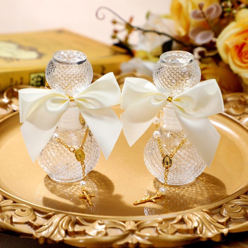 Chuangdi 12 Sets Holy Bottle Baptism Favors with Cross Rosary 50ml Empty Glass Holy Container Bow Water Bottle for Guests Baptism Gifts Church Wedding Baptism Favors(Delicate) - Image 3